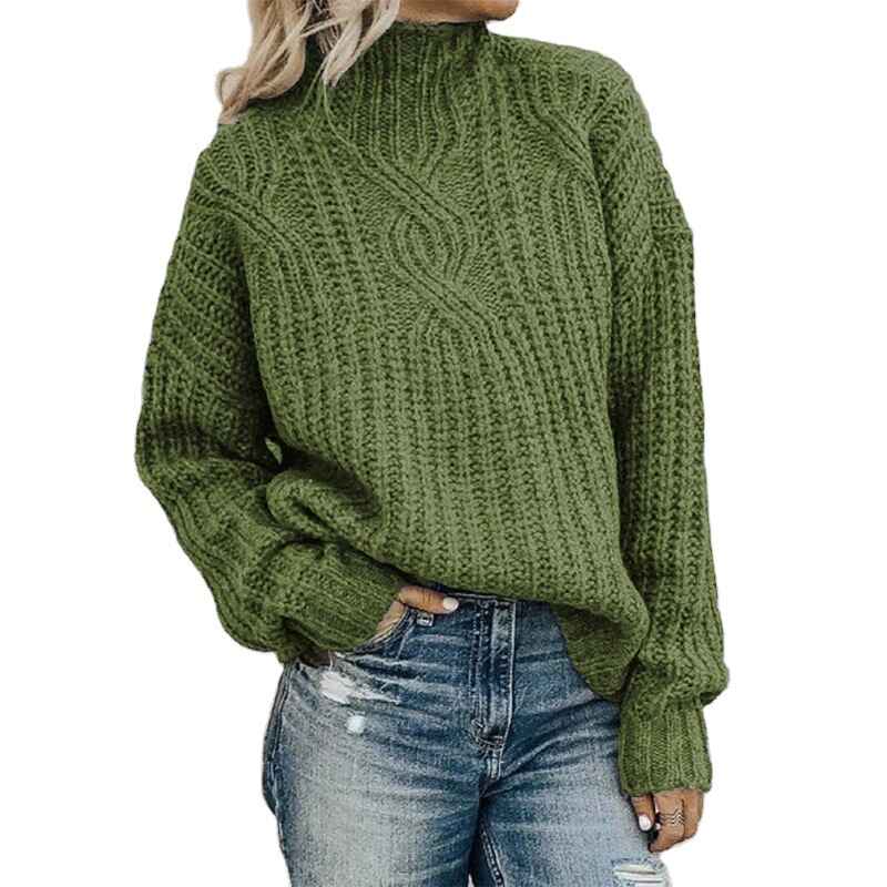 Green-Womens-Turtle-Cowl-Neck-Solid-Color-Soft-Comfy-Cable-Knit-Pullover-Sweaters-K028