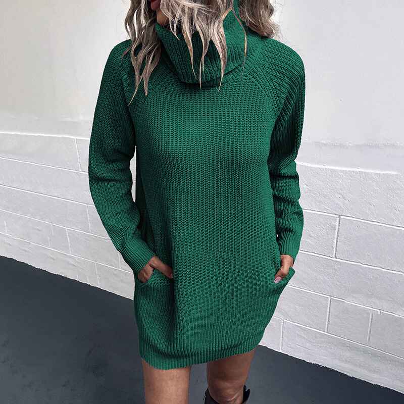 Green-Womens-Turtleneck-Long-Sleeve-Knit-Pullover-Sweater-Bodycon-Mini-Dress-K448