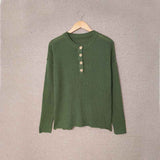 Green-Womens-Waffle-Knit-V-Neck-Sweater-Casual-Long-Sleeve-Side-Slit-Button-Henley-Pullover-Jumper-Top-K189