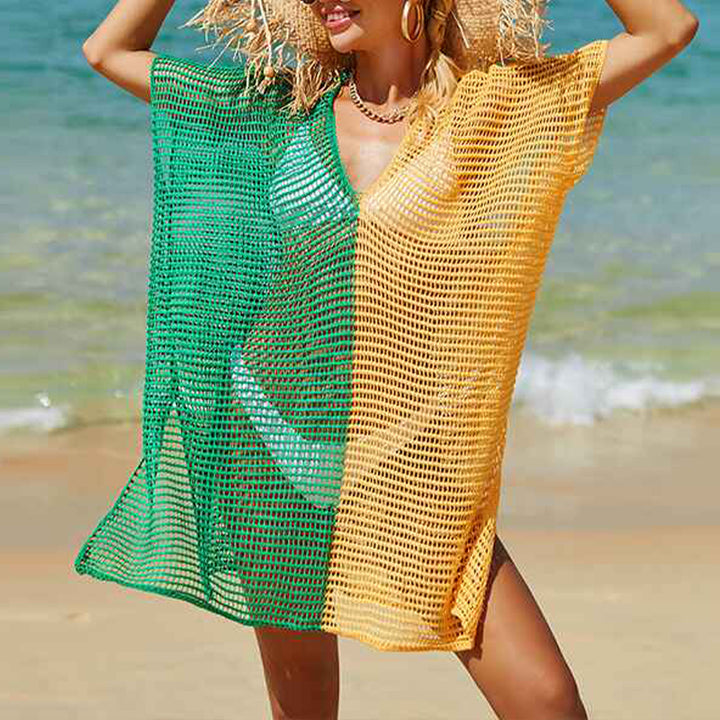     Green-Yellow-Swimsuit-Cover-Ups-for-Women-V-Neck-Hollow-Out-Swim-Coverup-Crochet-Chiffon-Summer-Beach-Cover-Up-Dress