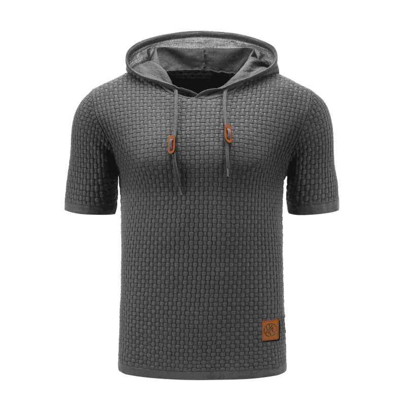Grey-Mens-Hooded-Sweatshirt-Short-Sleeve-Solid-Knitted-Hoodie-Pullover-Sweater-G081-Front