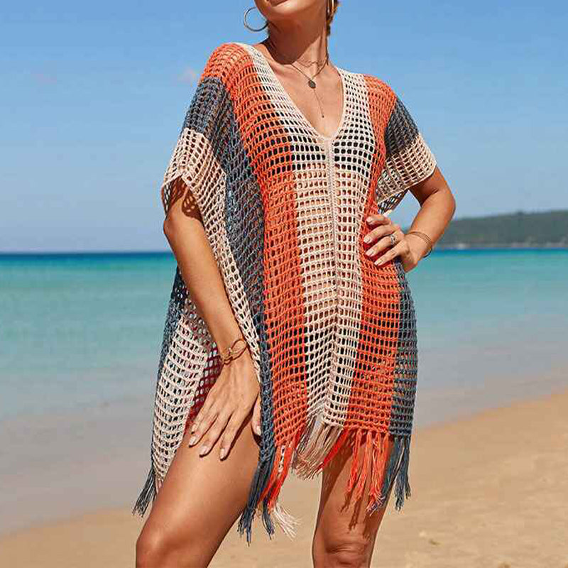 Grey-Stripe-Womens-beach-color-matching-hollow-knitted-blouse-sunscreen-knitted-dress