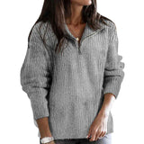Grey-Womens-1-4-Zipper-Long-Sleeve-V-Neck-Collar-Casual-Oversized-Ribbed-Knit-Pullover-Tunic-Sweater-K190