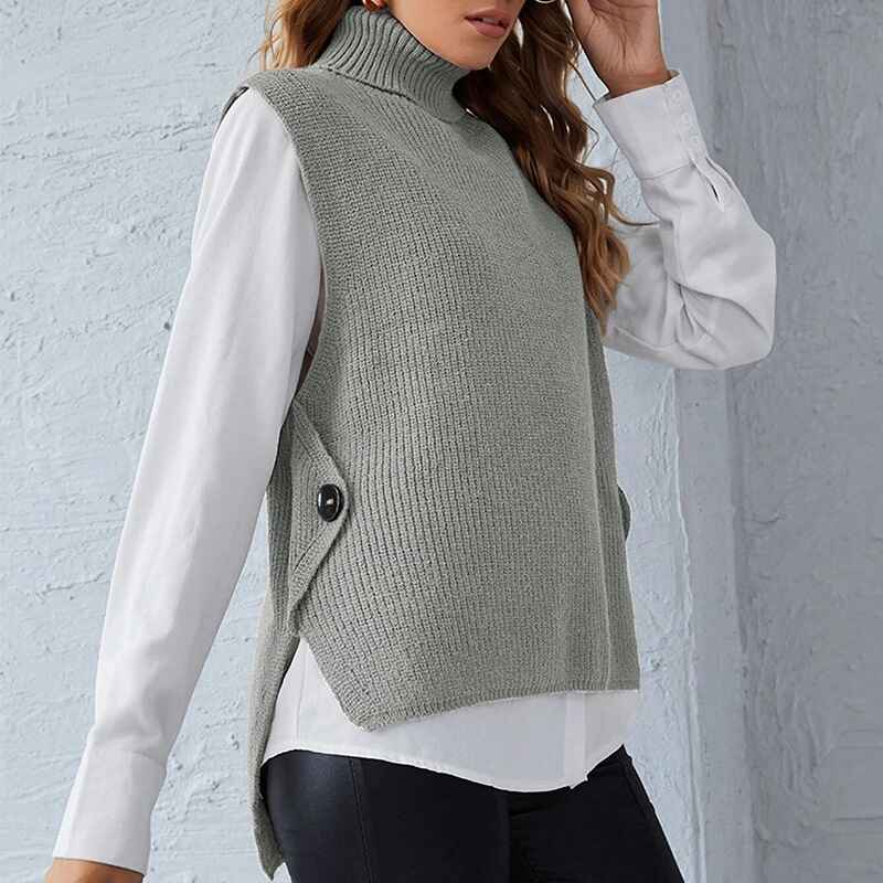 Grey-Womens-Sweater-Vest-Cable-Knit-Turtleneck-High-Neck-Sleeveless-Pullover-Tank-Top-K015