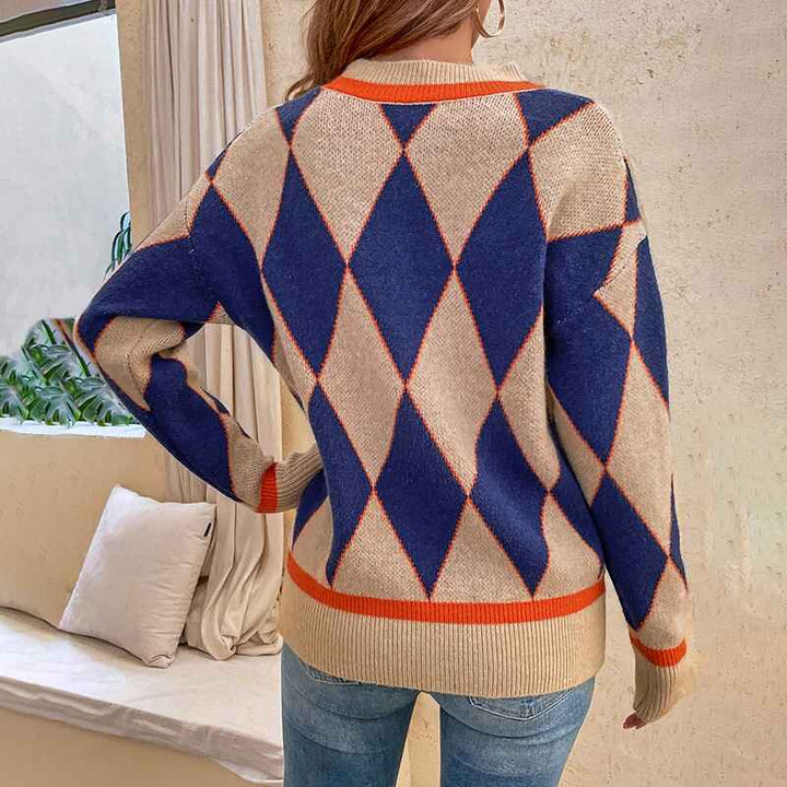 Khaki--Womens-Argyle-Pattern-Round-Neck-Sweater-Teenage-Girl-Casual-Long-Sleeve-Color-Block-Pullover-Knit-Tops-K488-Back