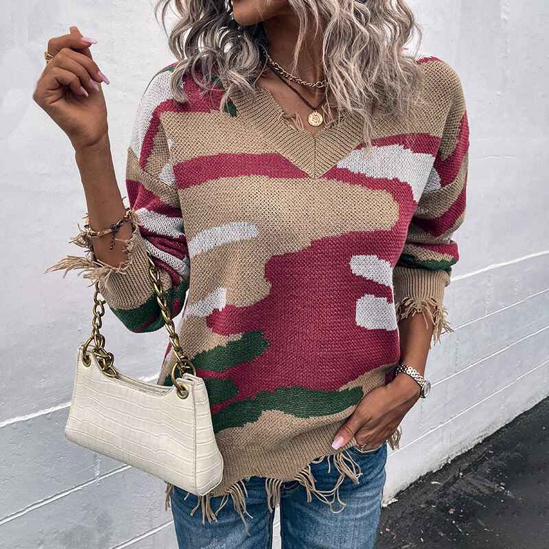 Khaki-Astylish-Women-Sexy-Loose-V-Neck-Ripped-Knitted-Pullover-Crop-Sweater-Top-K454-Front