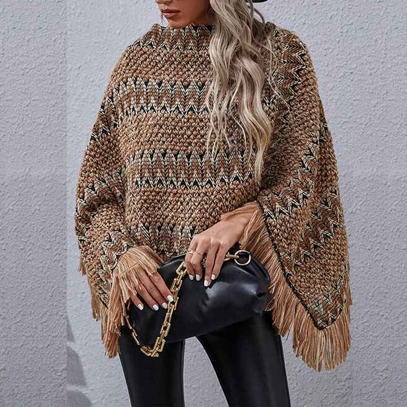 Khaki-Knit-Shawl-Wrap-Poncho-Cape-for-Women-Ladies-Knitted-Cardigan-Kimono-with-Fringe-for-Fall-Winter-K383-Front