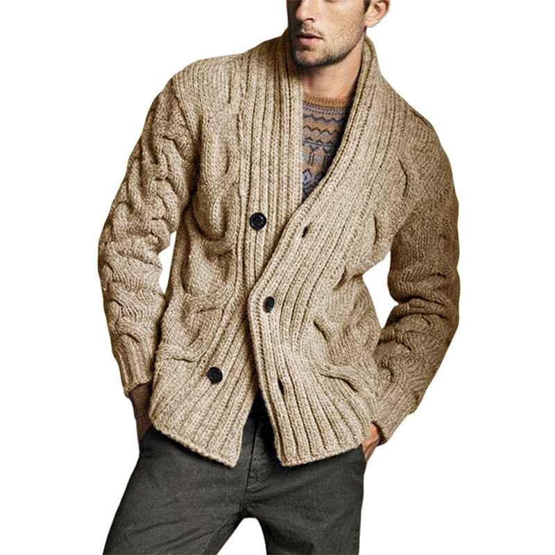 Khaki-Mens-Cable-Knit-Cardigan-Sweater-Shawl-Collar-Loose-Fit-Long-Sleeve-Casual-G062