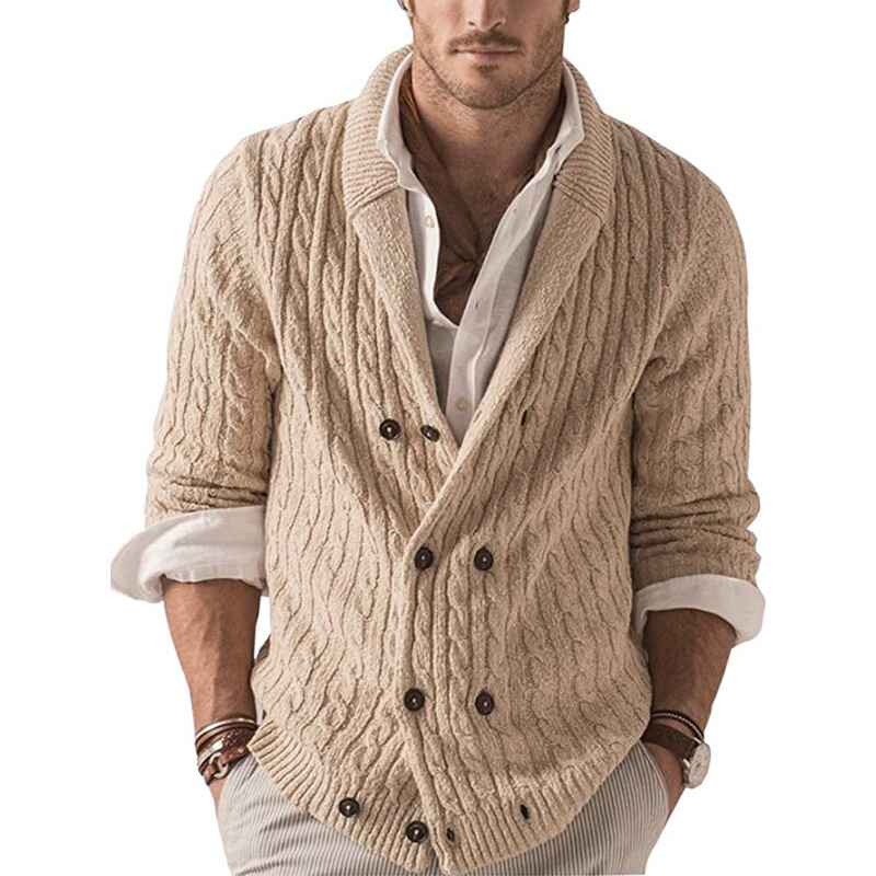 Khaki-Mens-Casual-Long-Sleeve-Shawl-Collar-Buttons-Down-Cable-Knit-Cardigan-Sweater-G038