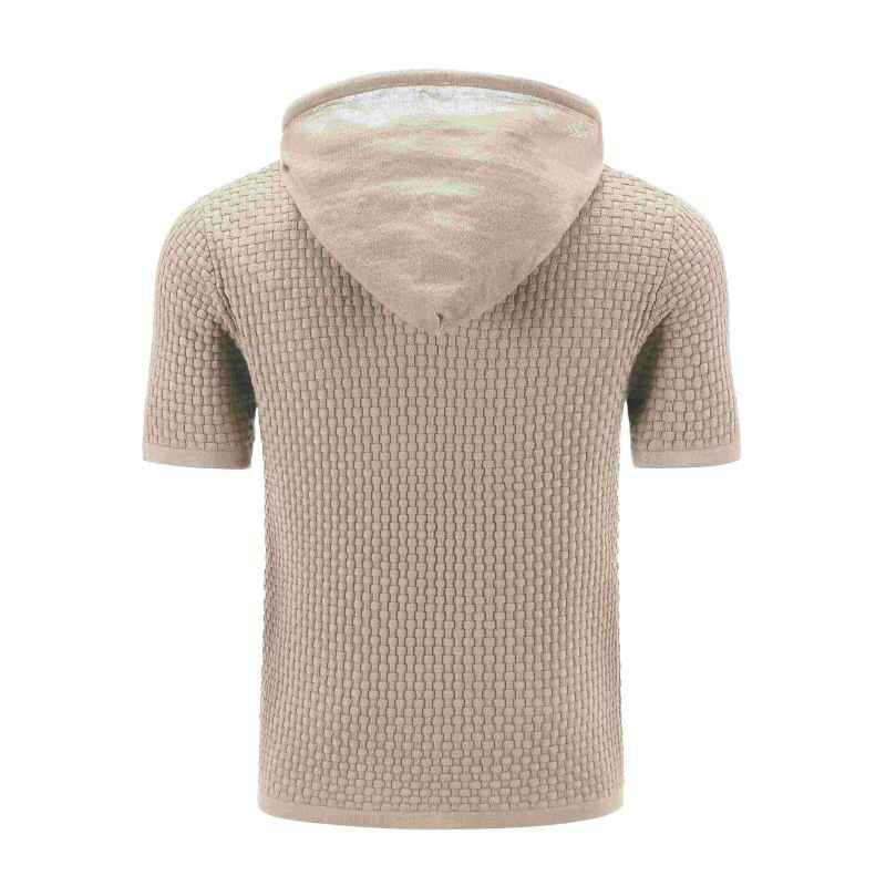 Khaki-Mens-Hooded-Sweatshirt-Short-Sleeve-Solid-Knitted-Hoodie-Pullover-Sweater-G081-Back