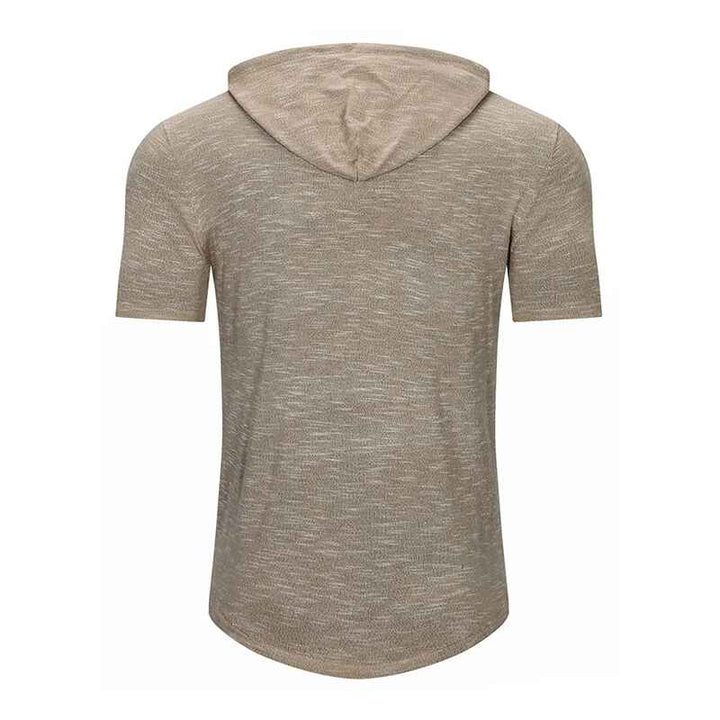 Khaki-Mens-Knit-Short-Sleeve-Hoodie-Lightweight-Hooded-Pullover-T-Shirts-G082-Back