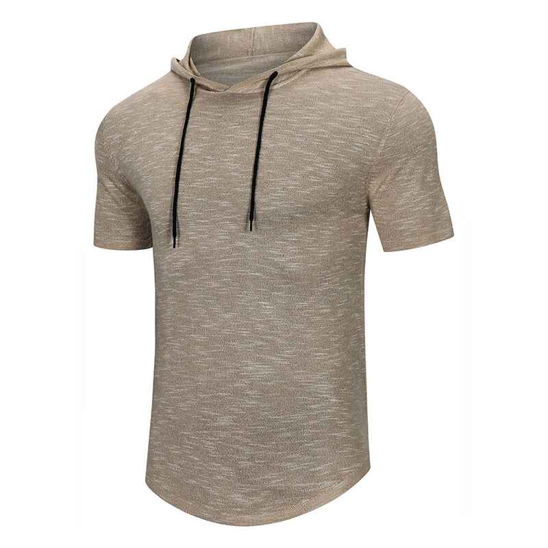 Khaki-Mens-Knit-Short-Sleeve-Hoodie-Lightweight-Hooded-Pullover-T-Shirts-G082-Side