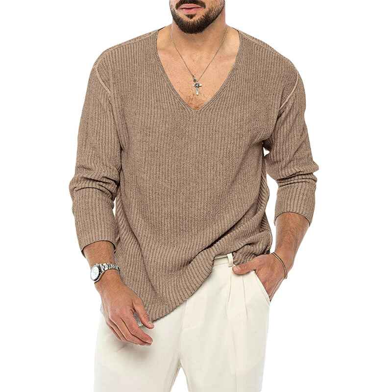    Khaki-Mens-Long-Sleeve-Soft-Touch-V-Neck-Sweater-G061