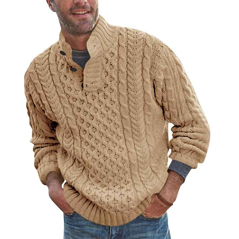 Khaki-Mens-Shawl-Collar-Pullover-Sweater-Slim-Fit-Casual-Button-Cable-Knit-Sweaters-G059