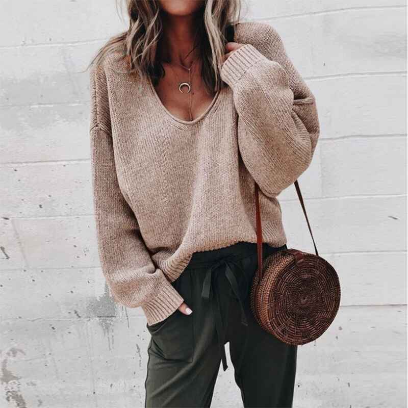     Khaki-Sweaters-for-Women-Long-Sleeve-V-Neck-Solid-Color-Fashion-Tops-K007