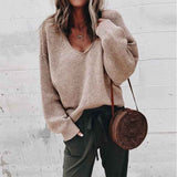     Khaki-Sweaters-for-Women-Long-Sleeve-V-Neck-Solid-Color-Fashion-Tops-K007