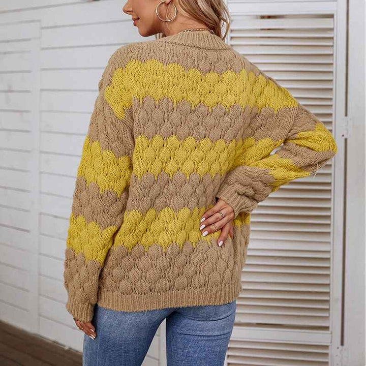    Khaki-Women-Sweaters-Long-Sleeve-Crew-Neck-Color-Block-Striped-Oversized-Casual-Knitted-Pullover-Tops-K429-Back