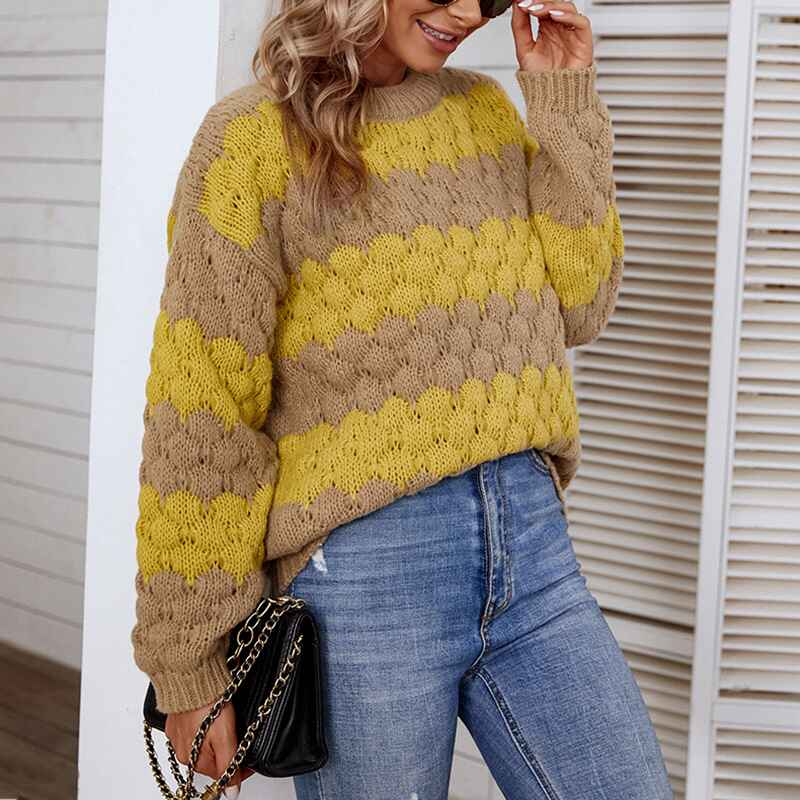     Khaki-Women-Sweaters-Long-Sleeve-Crew-Neck-Color-Block-Striped-Oversized-Casual-Knitted-Pullover-Tops-K429-Side
