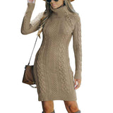 Khaki-Women-Turtleneck-Long-Sleeve-Oversized-Cable-Knit-Chunky-Pullover-Short-Sweater-Dresses-K209-Front