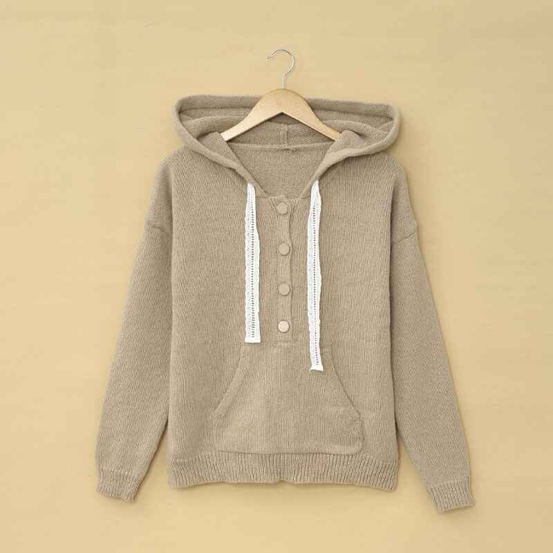Khaki-Women_s-Pullover-Hoodie-Button-Collar-Drawstring-Long-Sleeve-Sweatshirt-with-Pockets-front