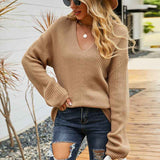     Khaki-Womens-Casual-Knitwear-Pullover-Sweater-Soild-Color-V-Neck-Loose-Long-Sleeve-Knit-Jumper-Tops-K444-Front-2