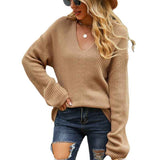 Khaki-Womens-Casual-Knitwear-Pullover-Sweater-Soild-Color-V-Neck-Loose-Long-Sleeve-Knit-Jumper-Tops-K444