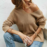 Khaki-Womens-Casual-Lightweight-V-Neck-Batwing-Sleeve-Knit-Top-Loose-Pullover-Sweater-K345-Front