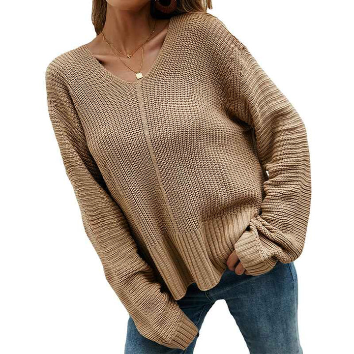 Khaki-Womens-Casual-Lightweight-V-Neck-Batwing-Sleeve-Knit-Top-Loose-Pullover-Sweater-K345