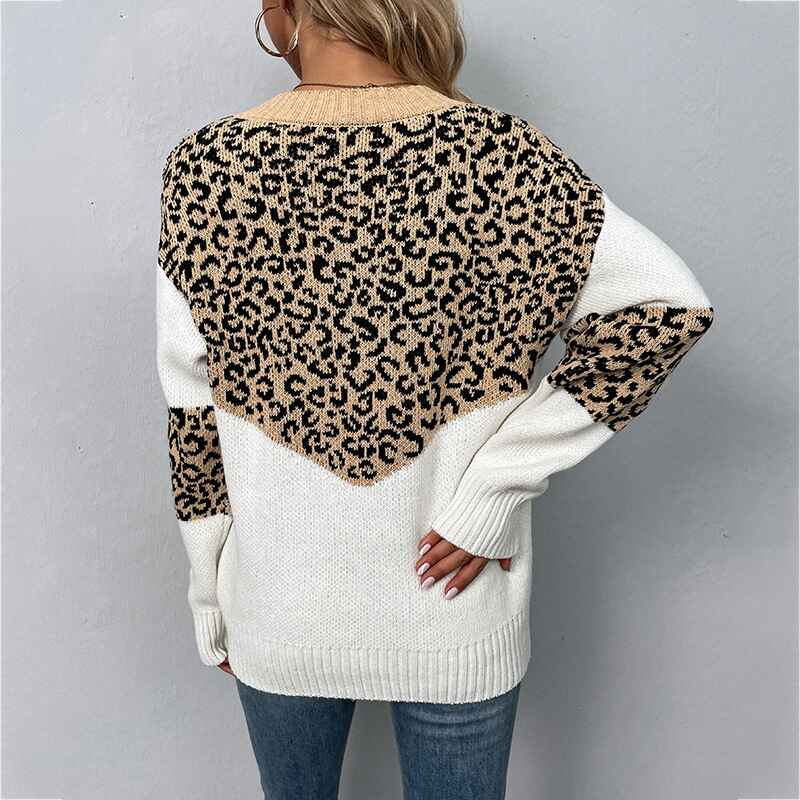 Khaki-Womens-Casual-Long-Sleeve-Off-Shoulder-Knitted-Sweater-Leopard-Print-Color-Block-Loose-Pullover-Tops-K250-Back