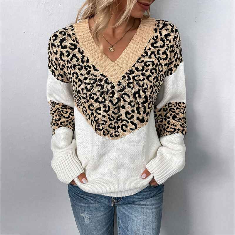 Khaki-Womens-Casual-Long-Sleeve-Off-Shoulder-Knitted-Sweater-Leopard-Print-Color-Block-Loose-Pullover-Tops-K250-Front