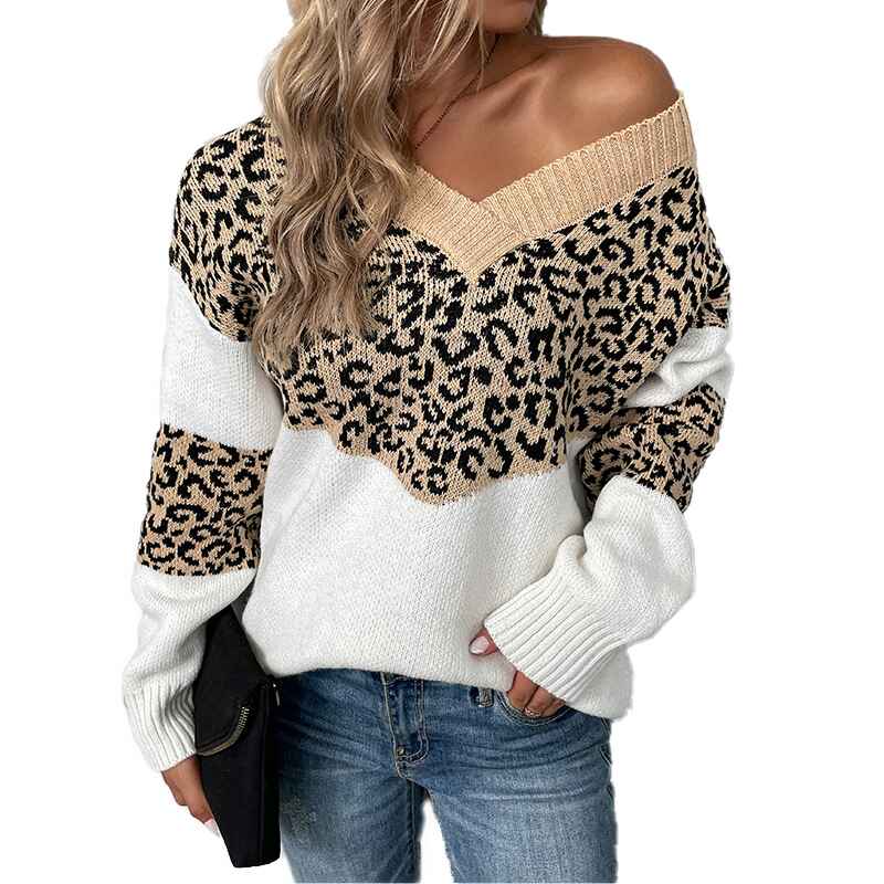 Khaki-Womens-Casual-Long-Sleeve-Off-Shoulder-Knitted-Sweater-Leopard-Print-Color-Block-Loose-Pullover-Tops-K250