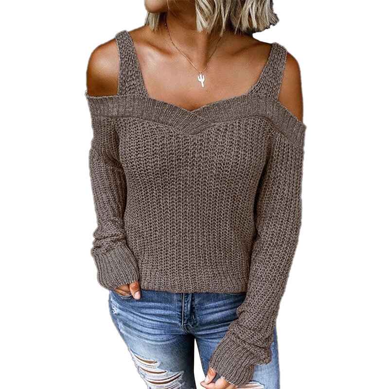 Khaki-Womens-Casual-Long-Sleeve-V-Neck-Cold-Shoulder-Knitted-Pullover-Sweater-Top-K197-tops