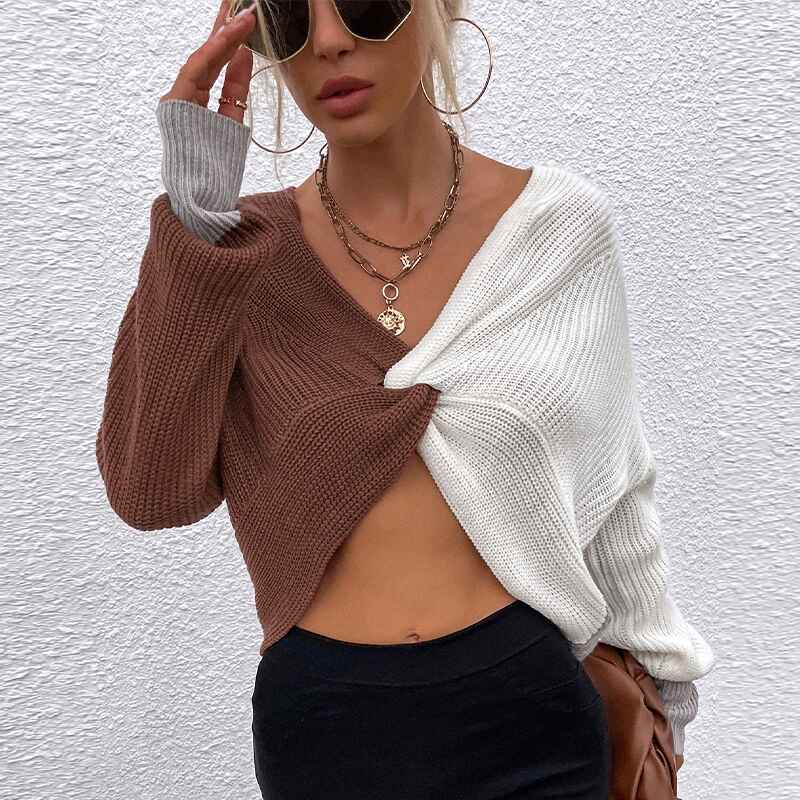 Khaki-Womens-Cold-Shoulder-Sweater-Twist-Knot-Backless-V-Neck-Straps-Sexy-Knit-Pullover-Jumper-Crop-Tops-K367-Front-2
