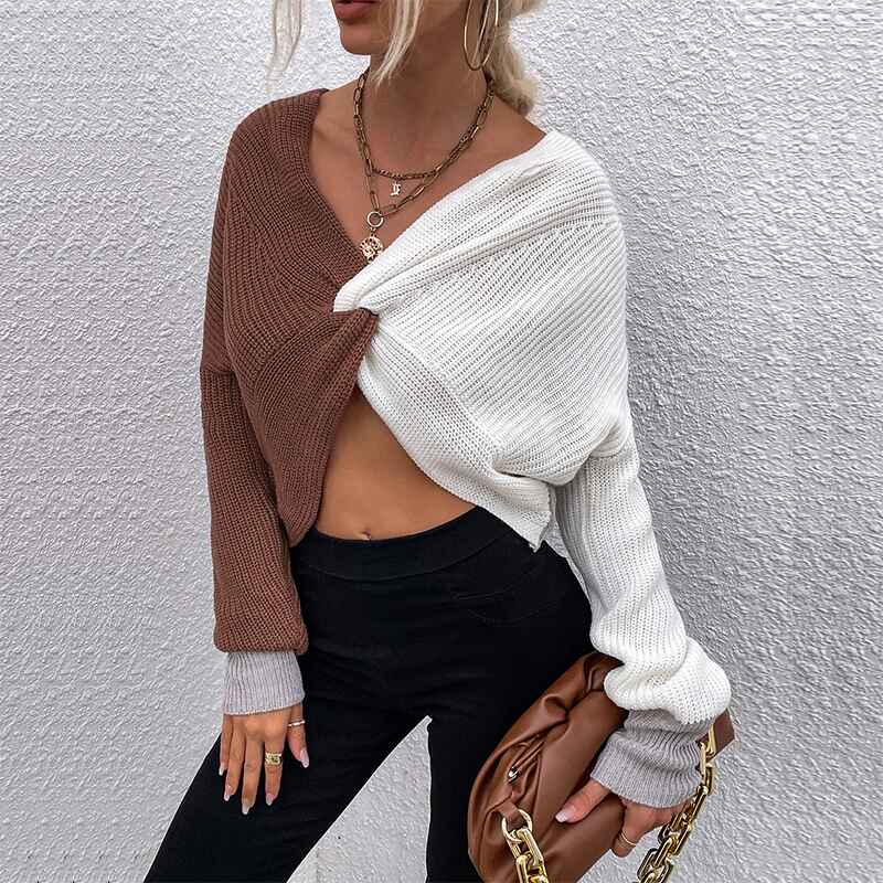 Khaki-Womens-Cold-Shoulder-Sweater-Twist-Knot-Backless-V-Neck-Straps-Sexy-Knit-Pullover-Jumper-Crop-Tops-K367