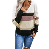    Khaki-Womens-Color-Block-Striped-V-Neck-Sweater-Long-Sleeve-Pullover-Knitted-Sweater-K198