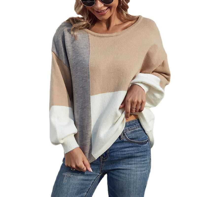 Khaki-Womens-Color-Block-Sweater-Round-Neck-Long-Sleeve-Loose-Pullover-Casual-Sweaters-Top-K258