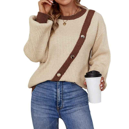 Khaki-Womens-Color-Block-Tunic-Tops-Long-Striped-Sleeve-Crew-Neck-Sweatshirts-Casual-Loose-Tops-K253