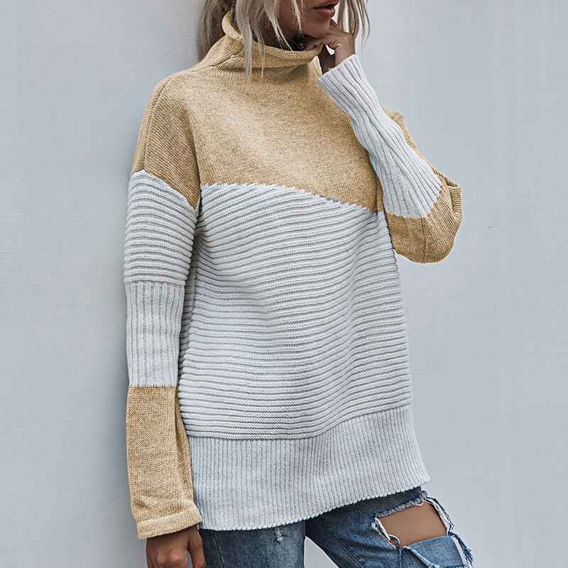 Khaki-Womens-Color-Block-Turtleneck-Sweaters-for-Women-Long-Sleeve-Cable-Knit-Pullover-Jumper-Tops-K339