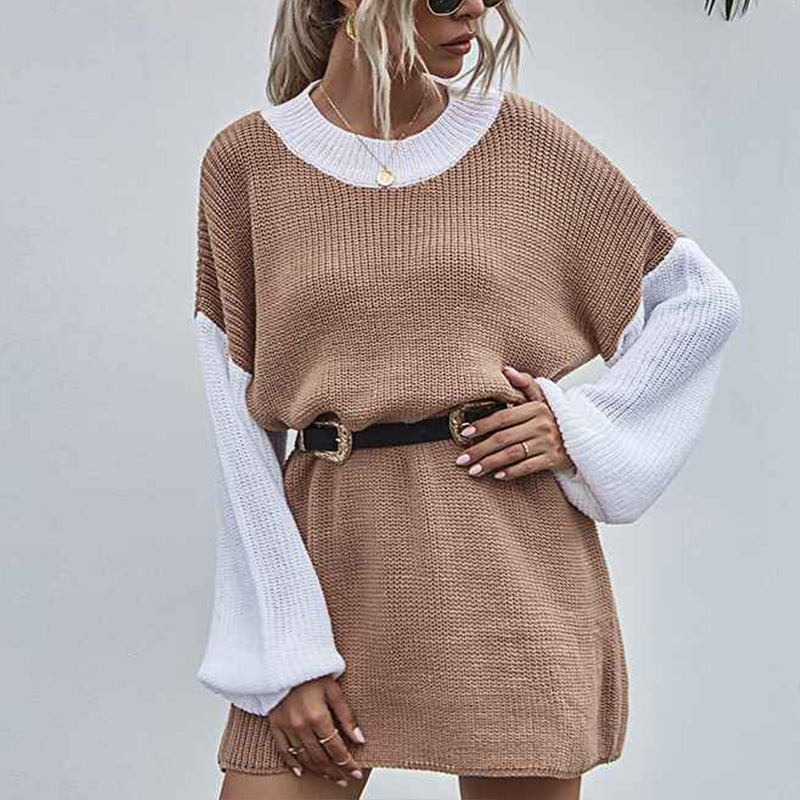 Khaki-Womens-Colorblock-Long-Sleeve-Sweater-Dress-Crew-Neck-Drop-Shoulder-Mini-Dresses-K360-Front