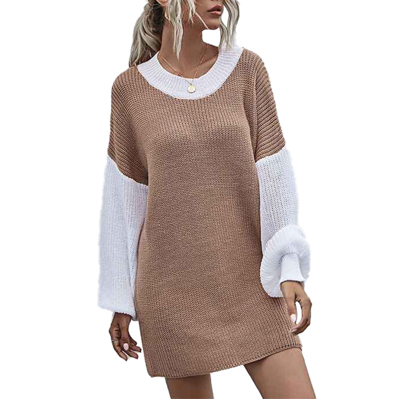     Khaki-Womens-Colorblock-Long-Sleeve-Sweater-Dress-Crew-Neck-Drop-Shoulder-Mini-Dresses-K360