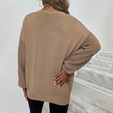 Khaki-Womens-Crewneck-Long-Sleeve-Drop-Shoulder-Casual-Solid-Cable-Knit-Chunky-Contrast-Pullover-Sweater-Top-K273-Back