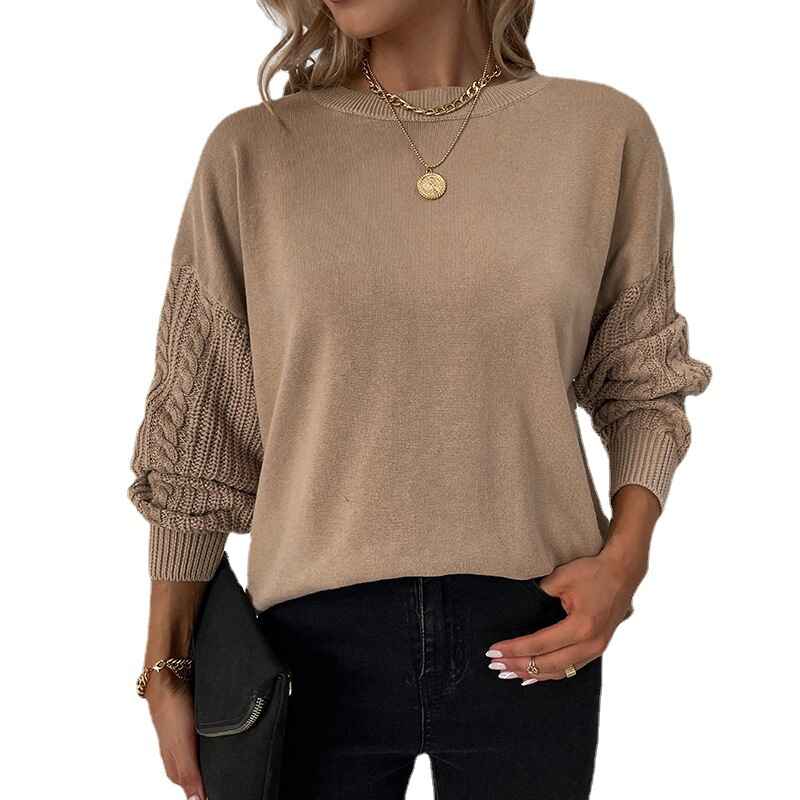 Khaki-Womens-Crewneck-Long-Sleeve-Drop-Shoulder-Casual-Solid-Cable-Knit-Chunky-Contrast-Pullover-Sweater-Top-K273