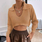 Khaki-Womens-Cropped-Sweater-V-Neck-Long-Sleeve-Crop-Sweater-Pullover-Jumper-Knit-Top-K401
