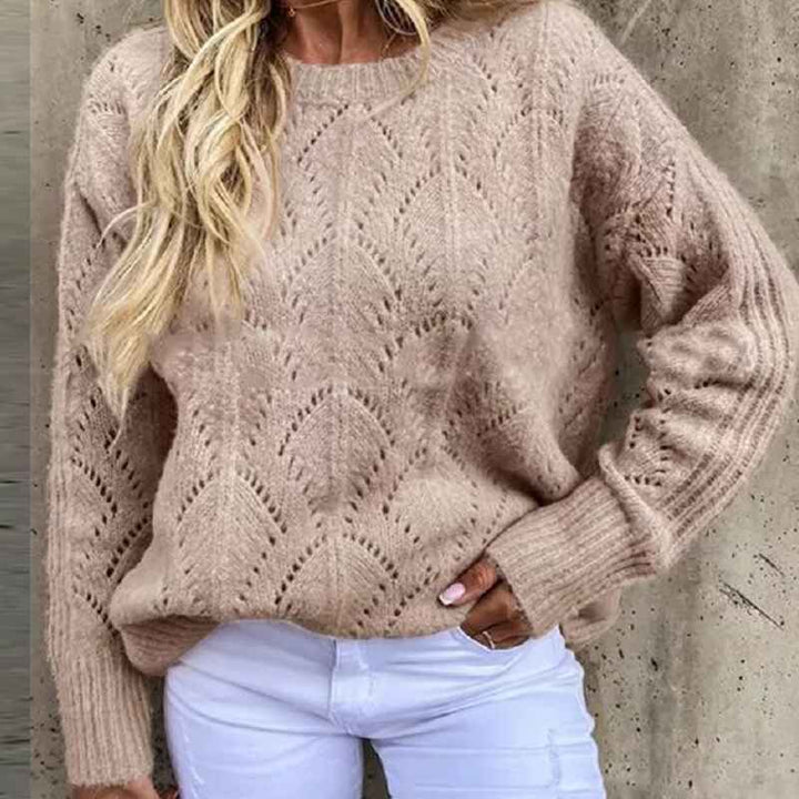 Khaki-Womens-Fall-Puff-Long-Sleeve-Pullover-Sweaters-Tops-Soft-Dot-Crew-Neck-Shirt-Lightweight-Hollow-Out-Knit-Sweater-K041