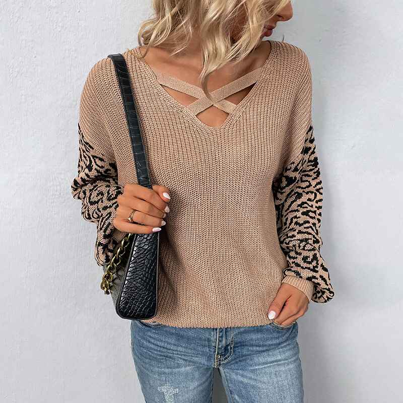 Khaki-Womens-Fall-Pullover-Sweater-Tops-Leopard-Print-Knitted-Sweaters-Jumper-Tops-Long-Sleeve-Cable-Knit-Sweaters-Sweatshirt-K413-Front
