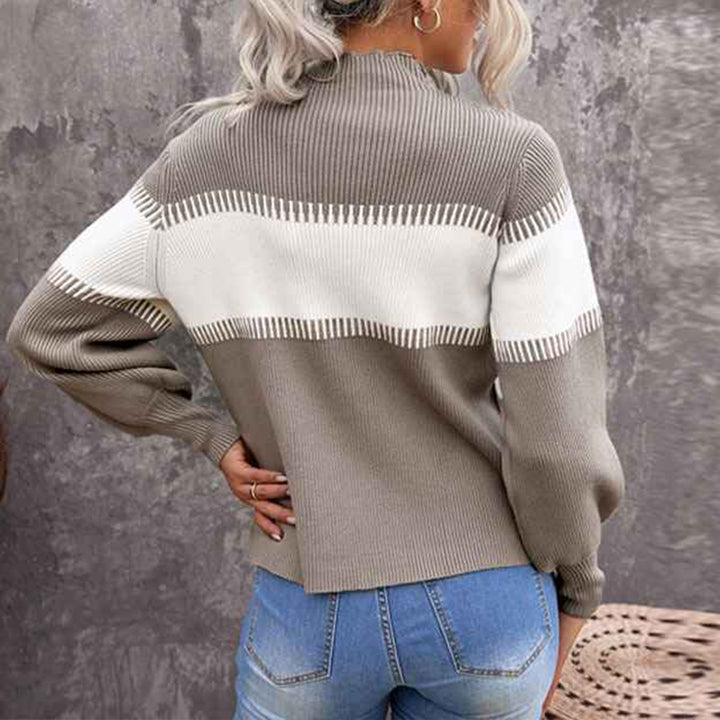 Khaki-Womens-Fall-Sweater-Casual-Long-Sleeve-Turtleneck-Colorblock-Striped-Chunky-Pullover-Loose-Knit-Jumper-K155-Back