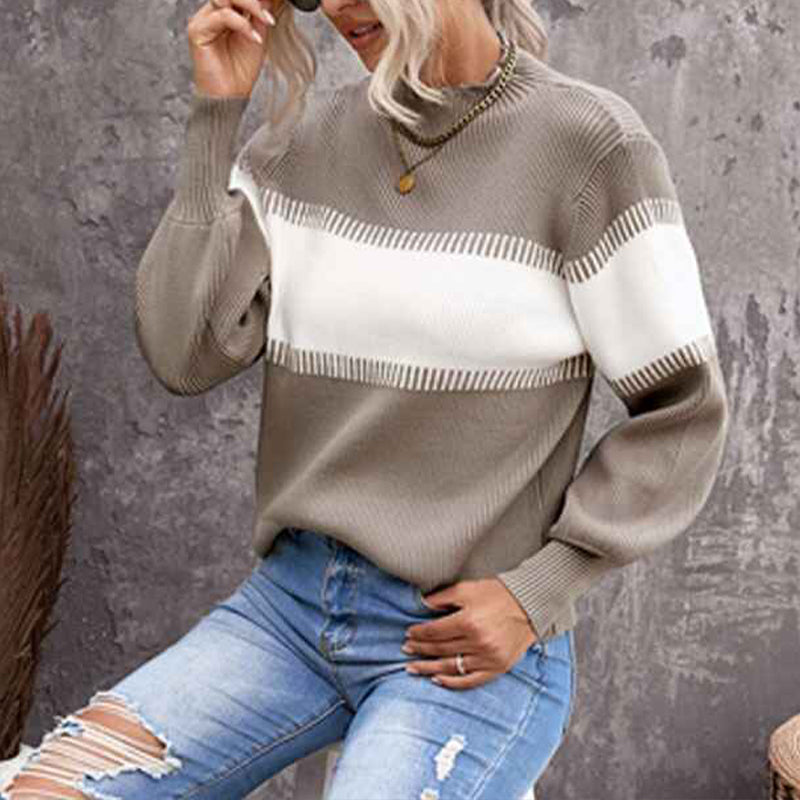 Khaki-Womens-Fall-Sweater-Casual-Long-Sleeve-Turtleneck-Colorblock-Striped-Chunky-Pullover-Loose-Knit-Jumper-K155-Side
