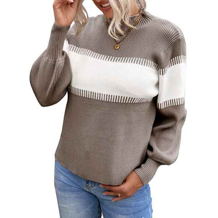 Khaki-Womens-Fall-Sweater-Casual-Long-Sleeve-Turtleneck-Colorblock-Striped-Chunky-Pullover-Loose-Knit-Jumper-K155