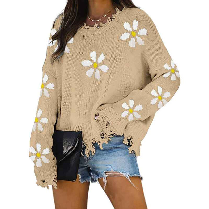Khaki-Womens-Knit-Floral-Print-Sweater-Crewneck-Long-Sleeve-Lightweight-Pullover-Sweatshirt-K208