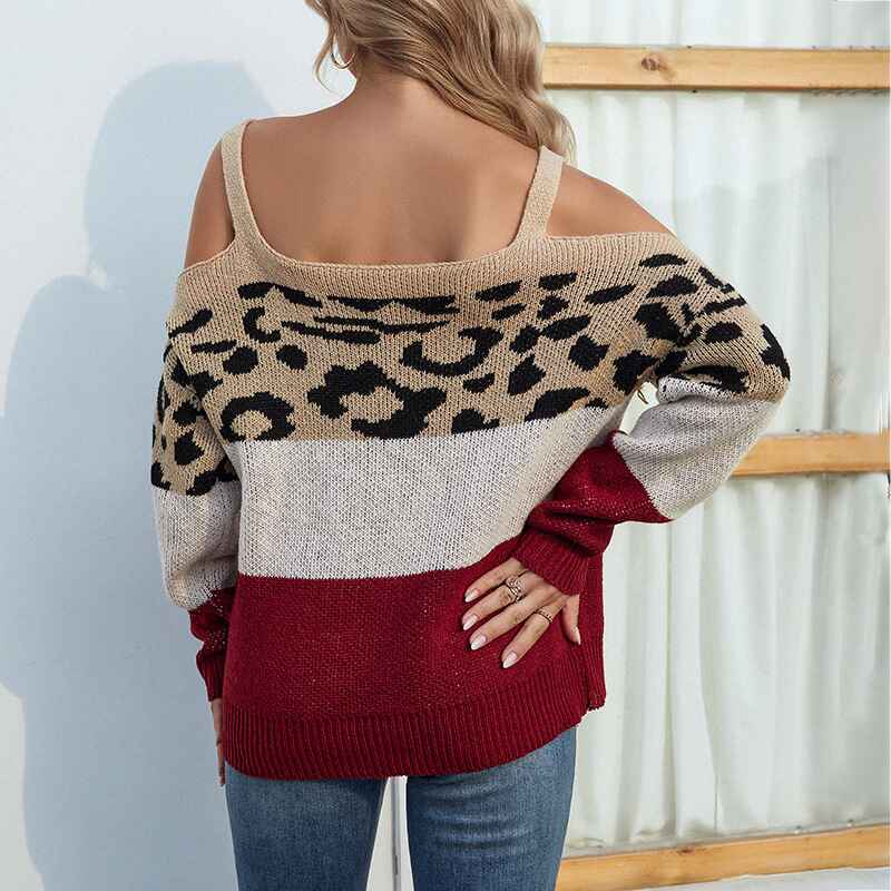    Khaki-Womens-Leopard-Print-Off-Shoulder-Sweaters-Long-Sleeve-Cold-Shoulder-Warm-Sweaters-Casual-Loose-Fit-Solid-Pullovers-Knit-Jumper-K233-Back